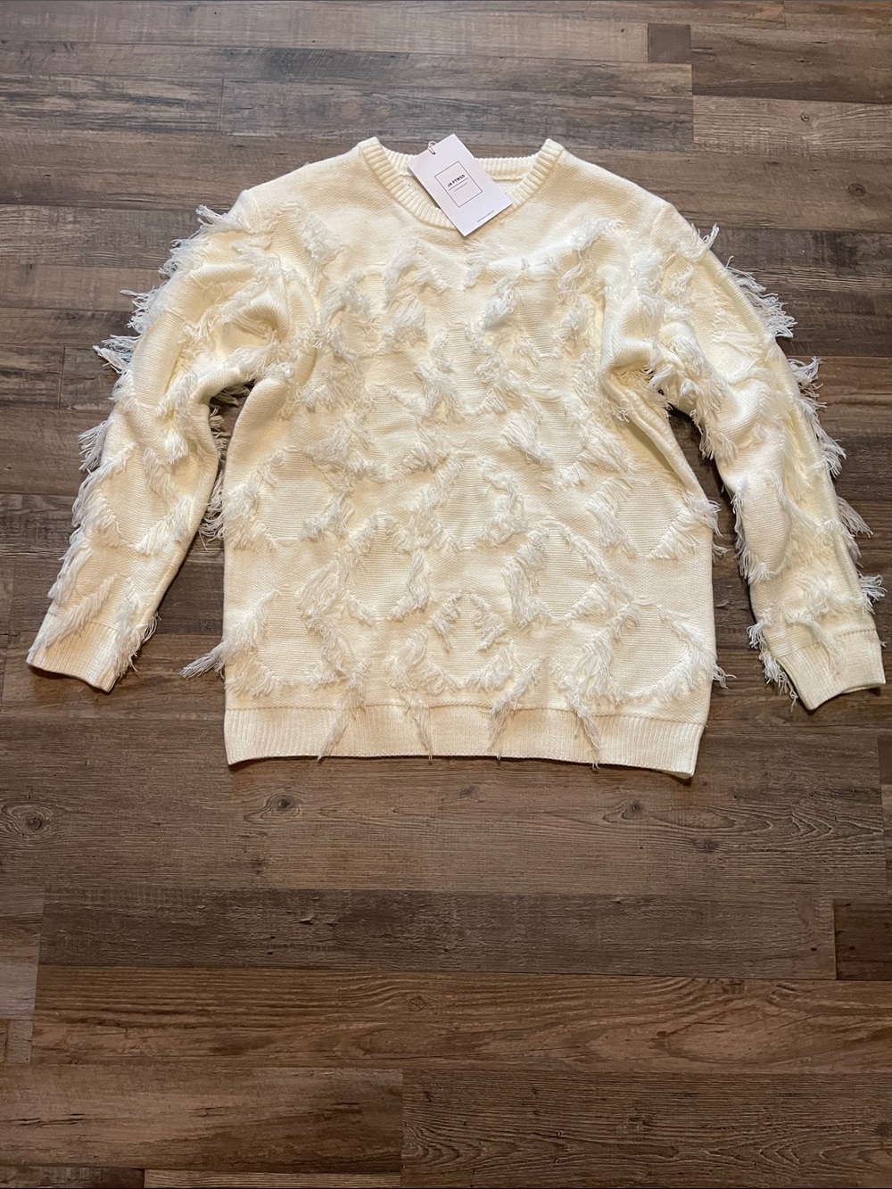 Fringe-Detail Cream Crewneck Sweater for Men
